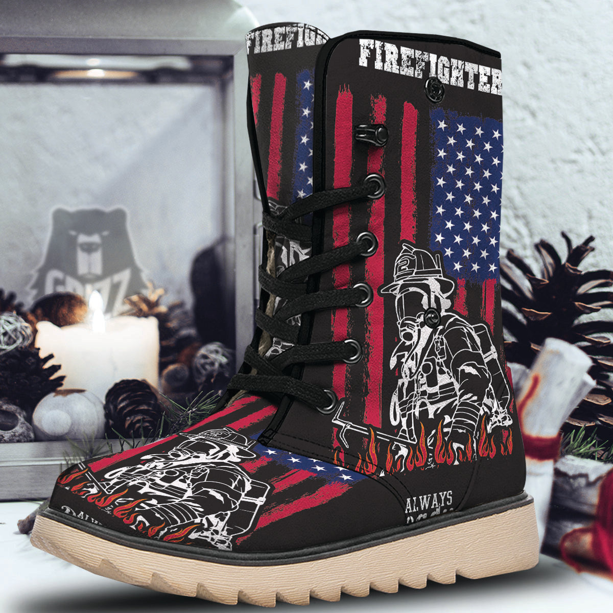 Firefighter Emblem American Print Snow Boots-grizzshop