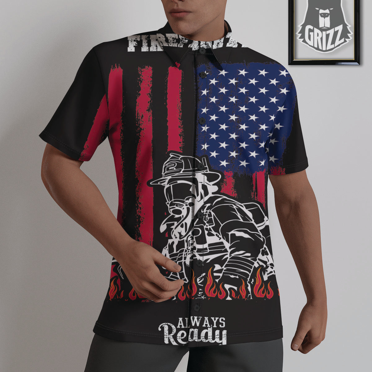 Firefighter Emblem American Print Untucked Shirts-grizzshop