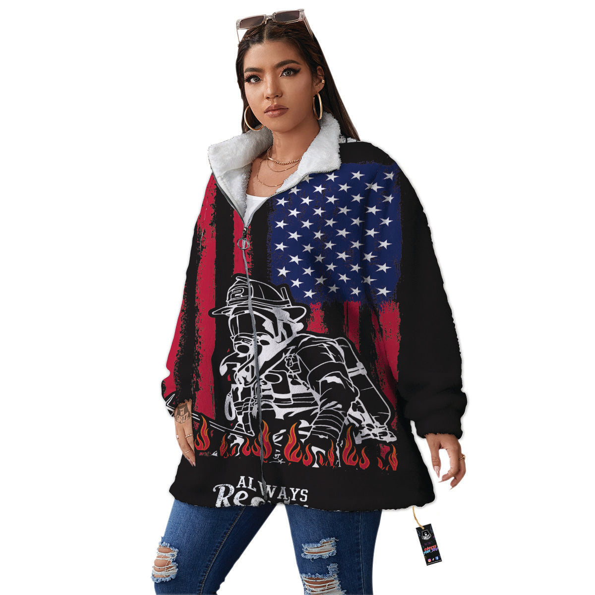 Firefighter Emblem American Print Women's Sherpa Jacket-grizzshop