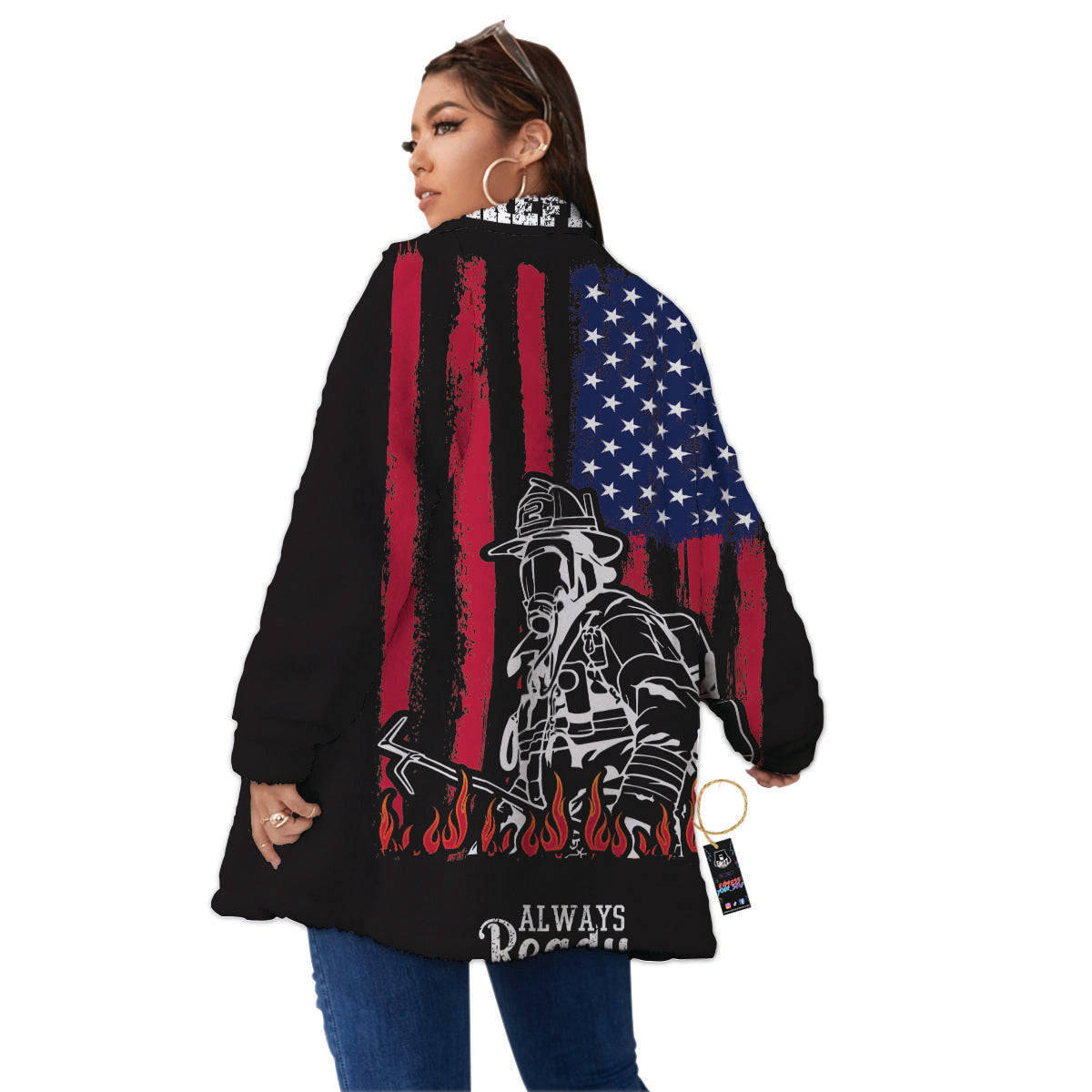 Firefighter Emblem American Print Women's Sherpa Jacket-grizzshop