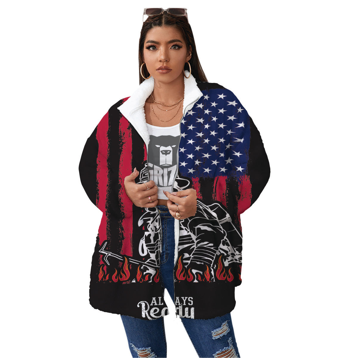 Firefighter Emblem American Print Women's Sherpa Jacket-grizzshop