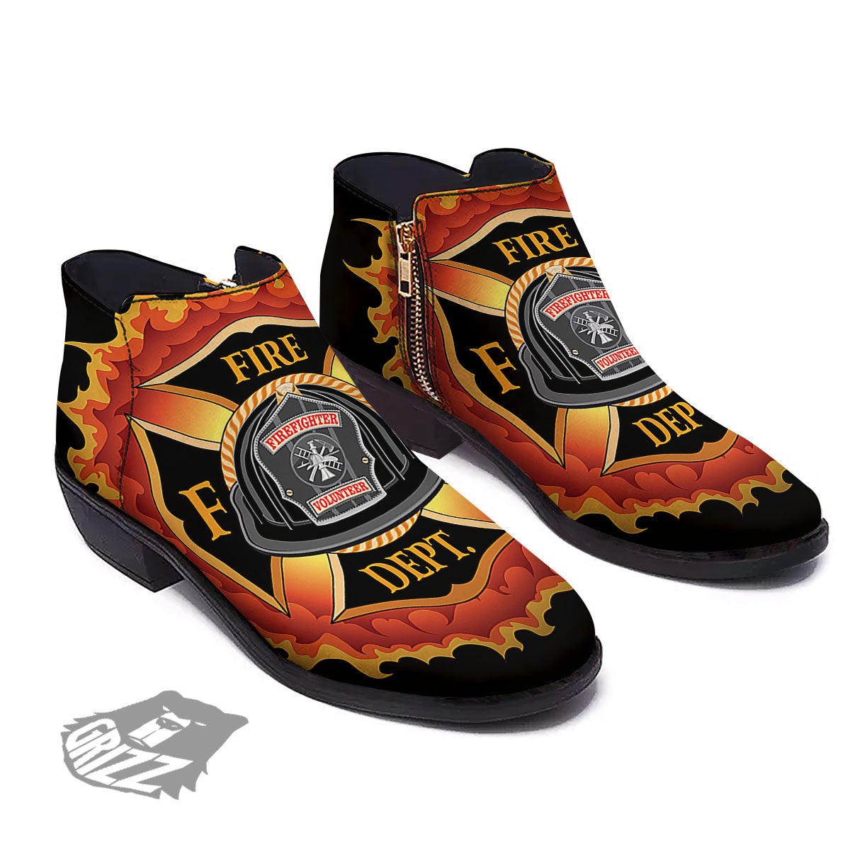 Firefighter Emblem Flaming Print Ankle Boots-grizzshop