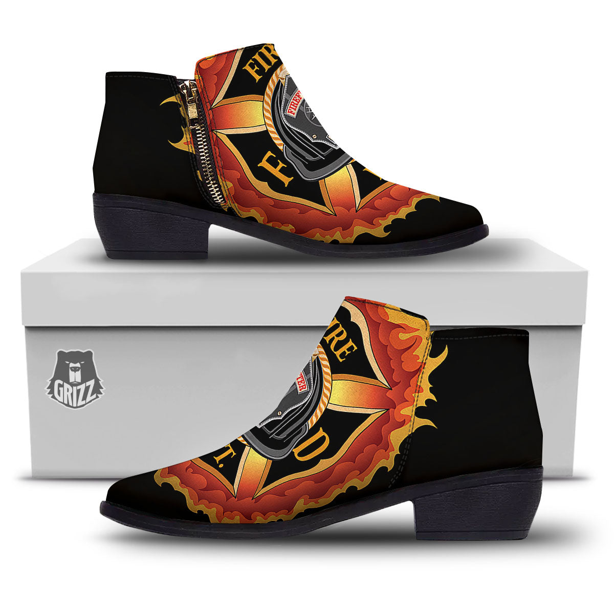 Firefighter Emblem Flaming Print Ankle Boots-grizzshop