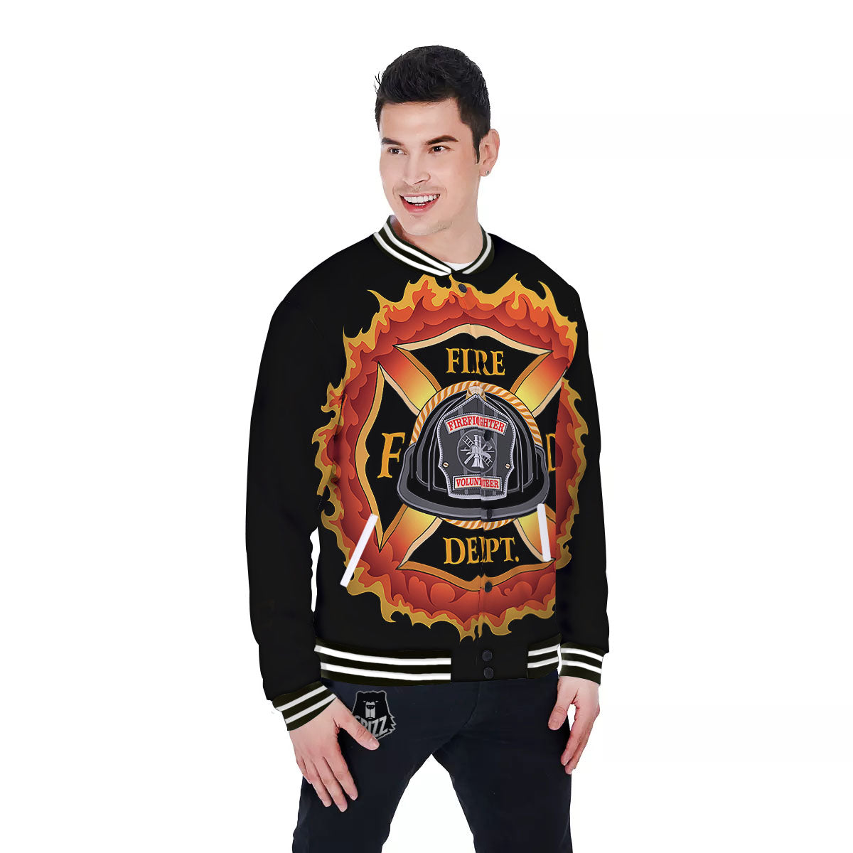 Firefighter Emblem Flaming Print Baseball Jacket-grizzshop