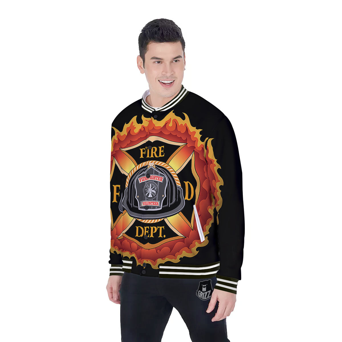 Firefighter Emblem Flaming Print Baseball Jacket-grizzshop