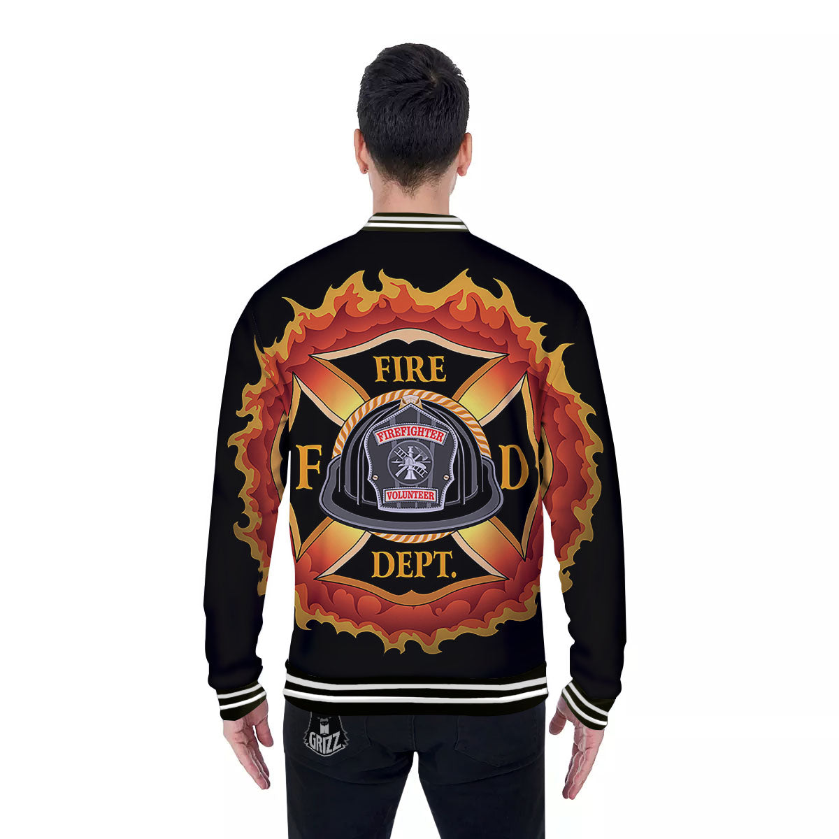 Firefighter Emblem Flaming Print Baseball Jacket-grizzshop