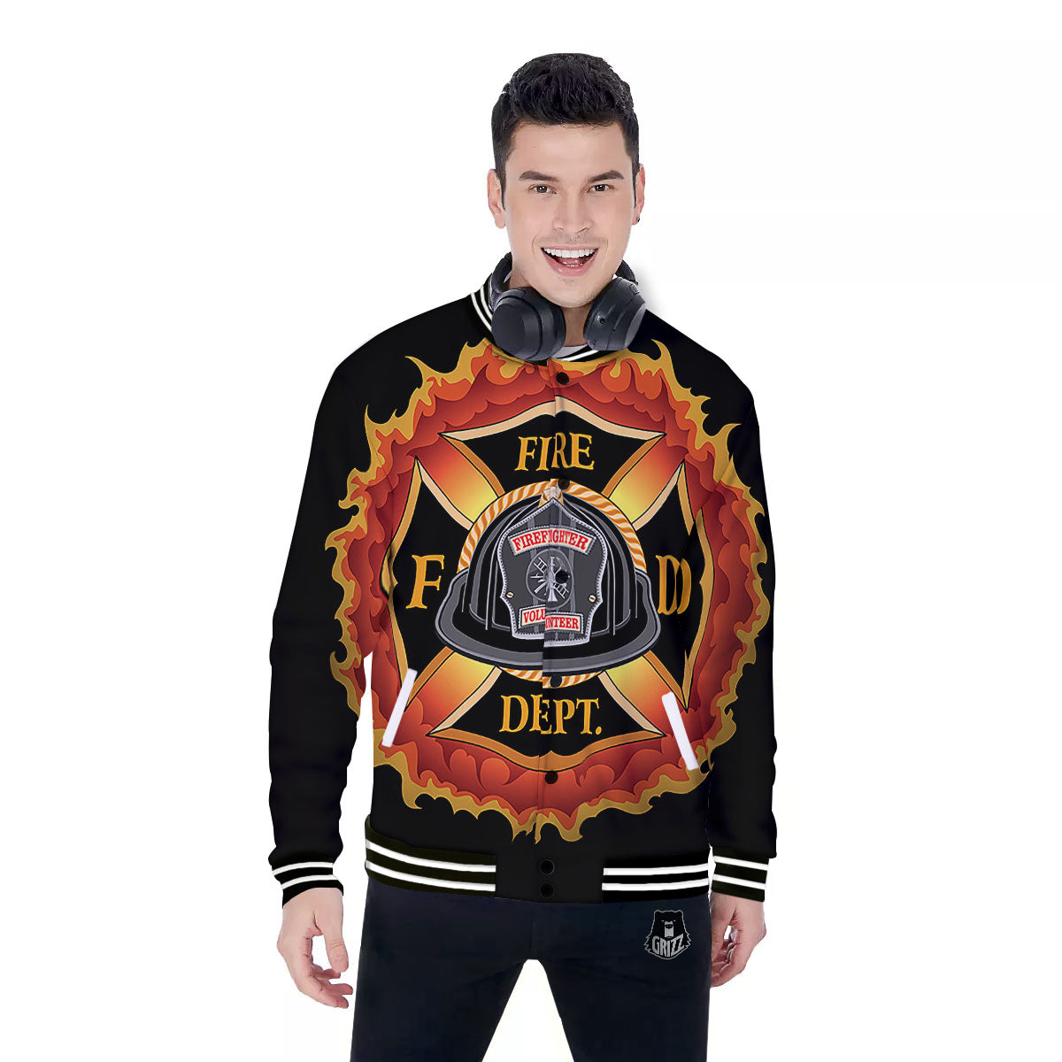Firefighter Emblem Flaming Print Baseball Jacket-grizzshop
