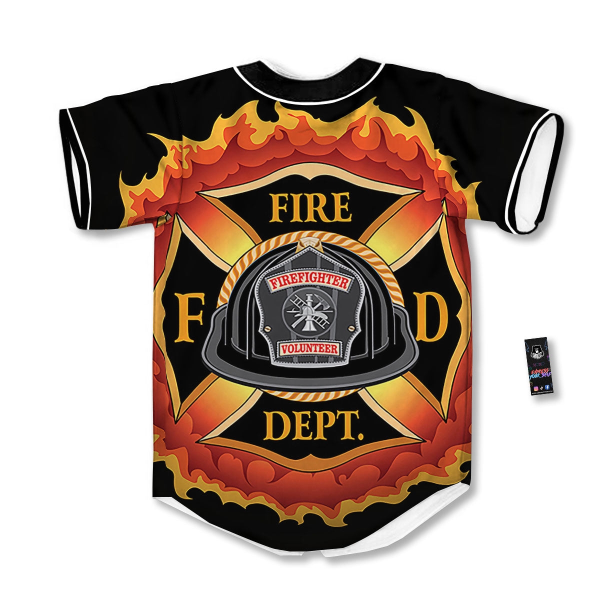 Firefighter Emblem Flaming Print Baseball Jersey-grizzshop