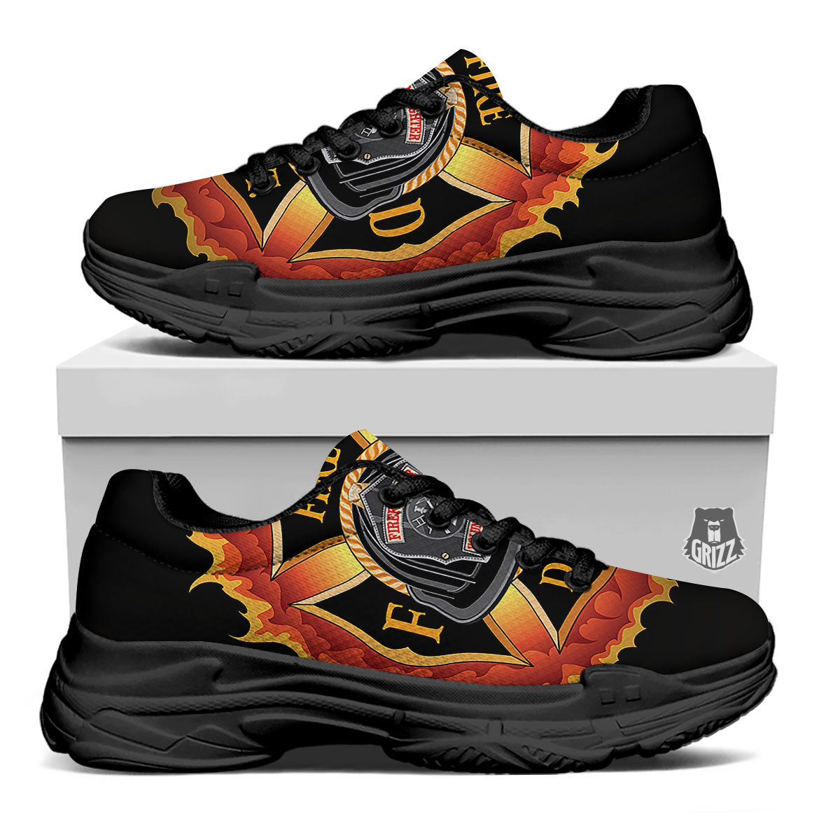 Firefighter Emblem Flaming Print Black Chunky Shoes-grizzshop