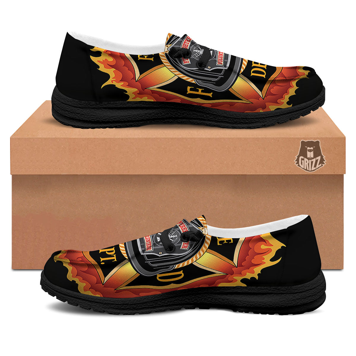 Firefighter Emblem Flaming Print Black Loafers-grizzshop