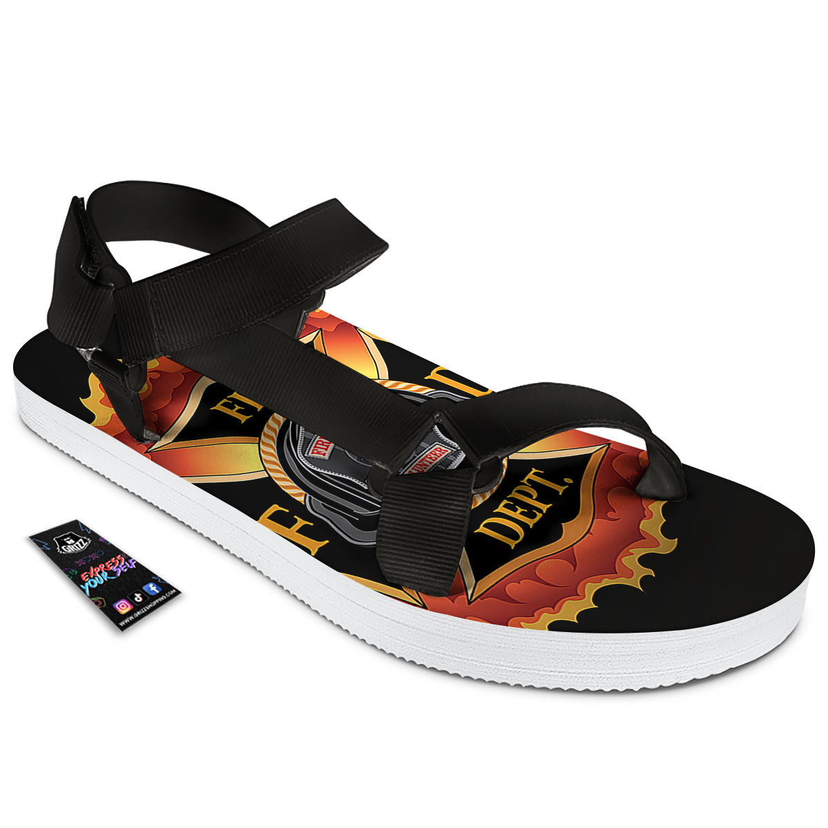 Firefighter Emblem Flaming Print Black Open Toe Sandals-grizzshop