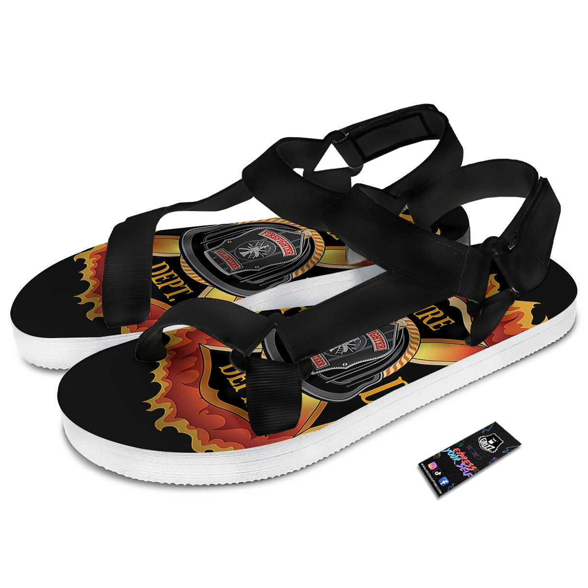 Firefighter Emblem Flaming Print Black Open Toe Sandals-grizzshop