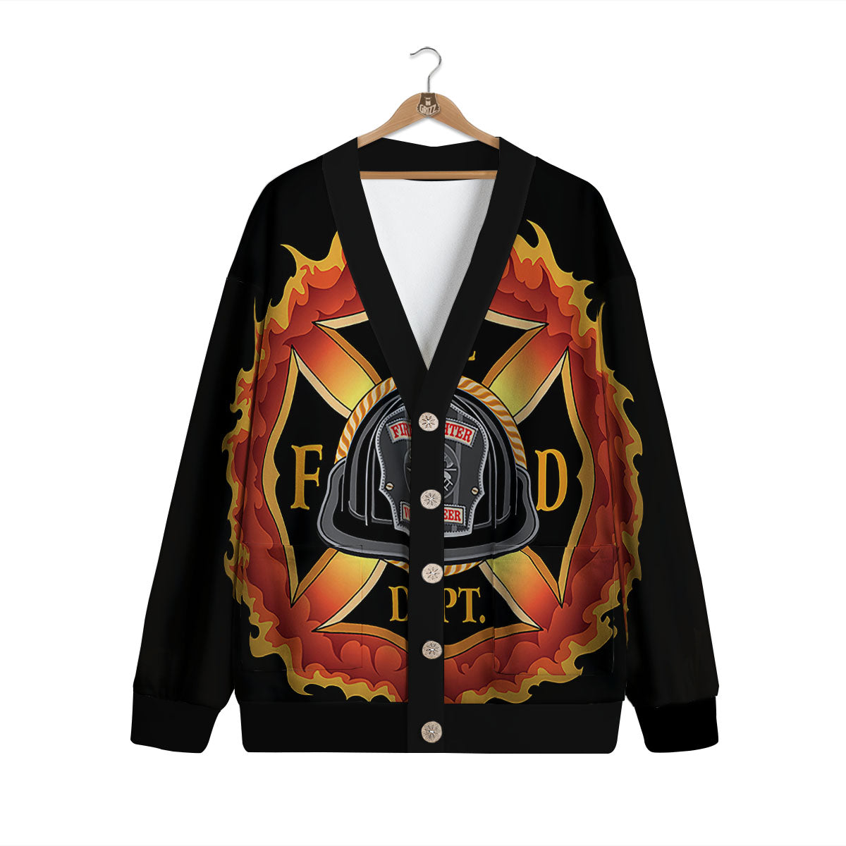 Firefighter Emblem Flaming Print Cardigan-grizzshop