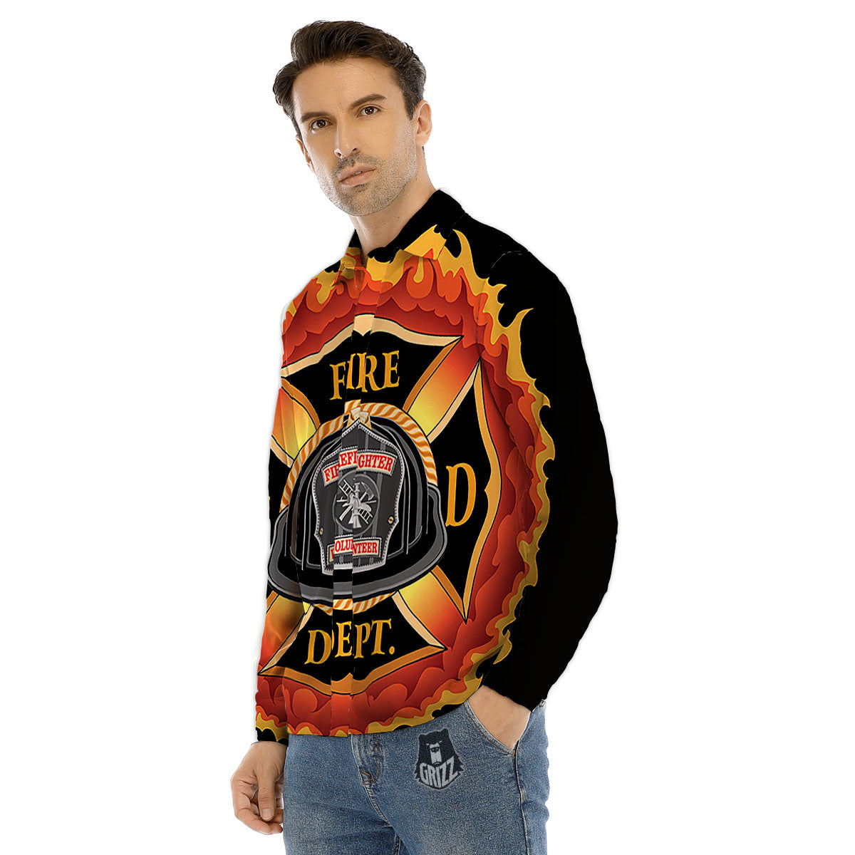 Firefighter Emblem Flaming Print Men's Dress Shirts-grizzshop