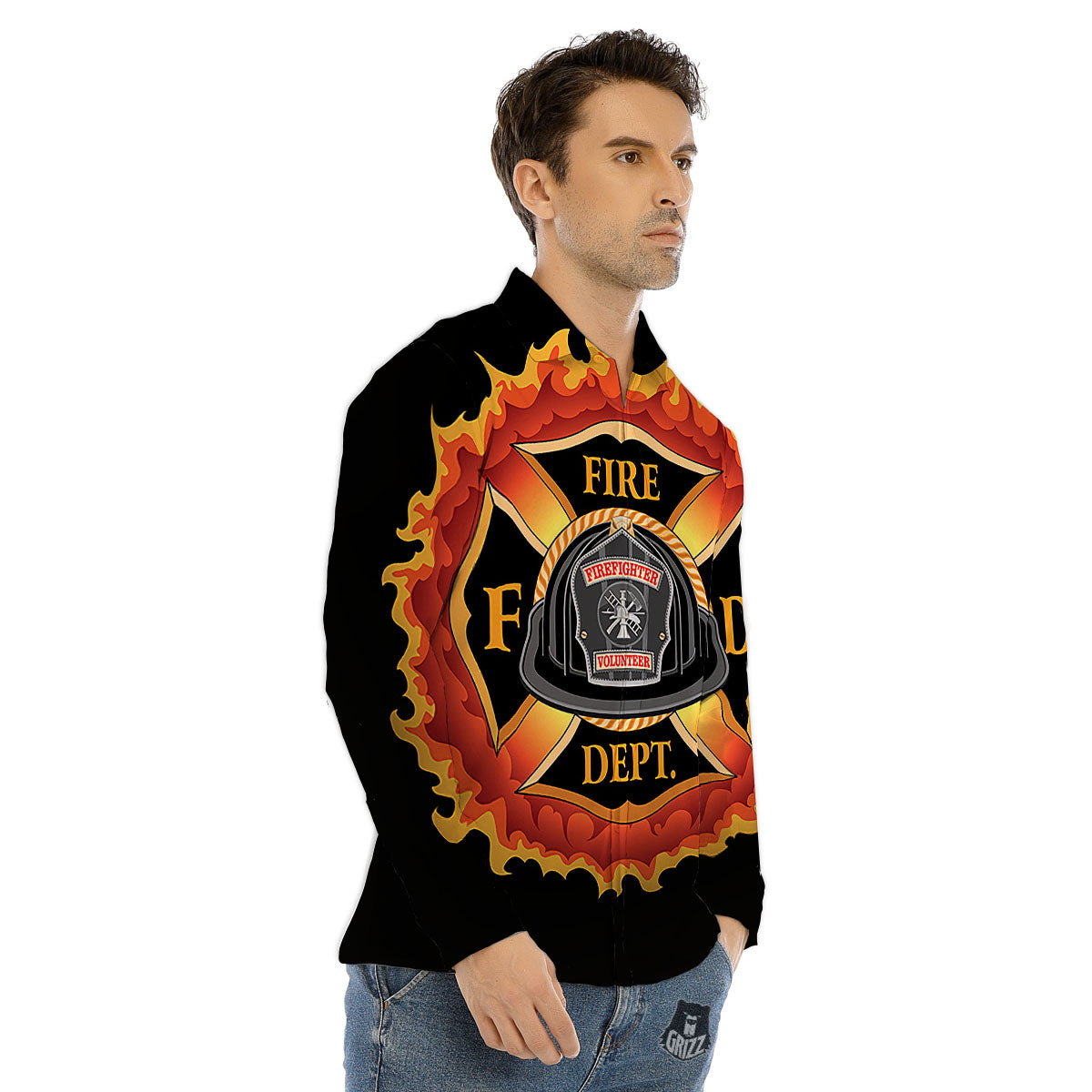 Firefighter Emblem Flaming Print Men's Dress Shirts-grizzshop