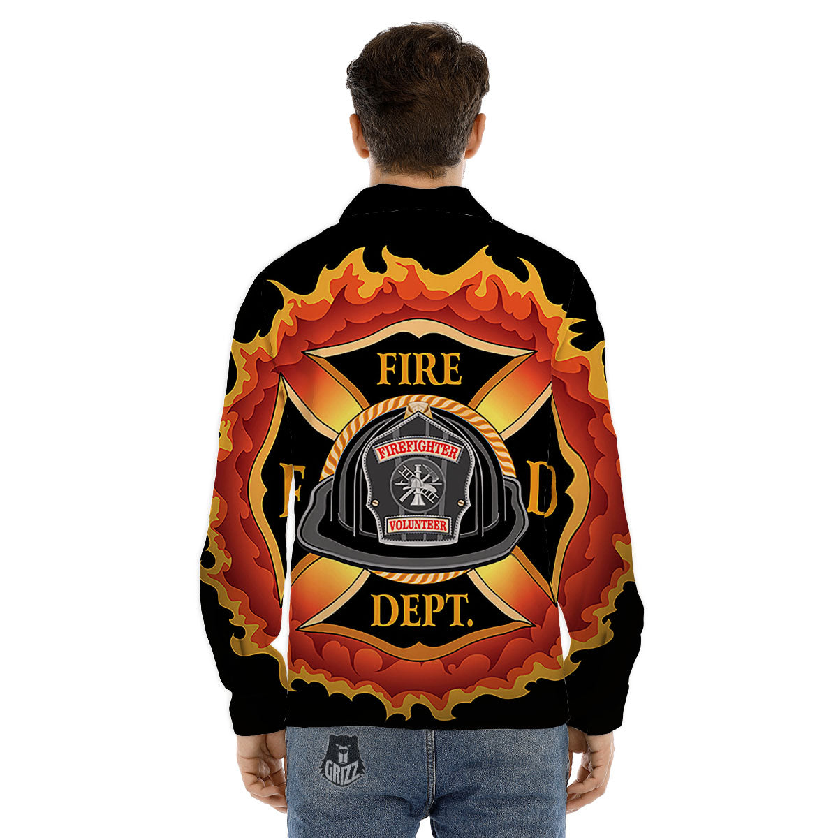 Firefighter Emblem Flaming Print Men's Dress Shirts-grizzshop