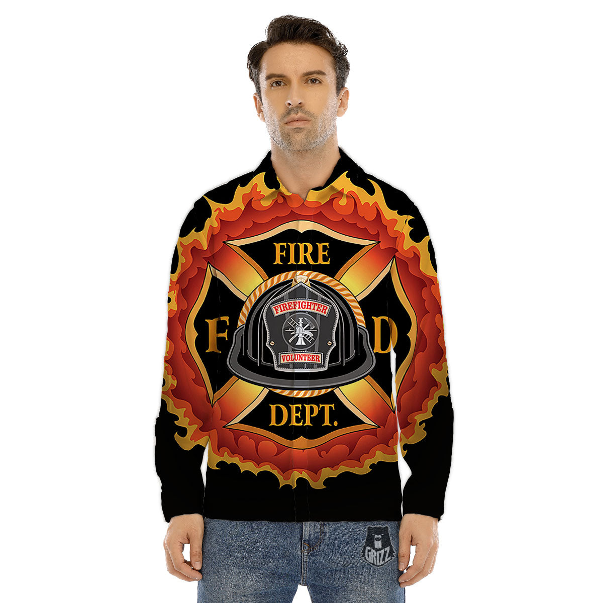 Firefighter Emblem Flaming Print Men's Dress Shirts-grizzshop