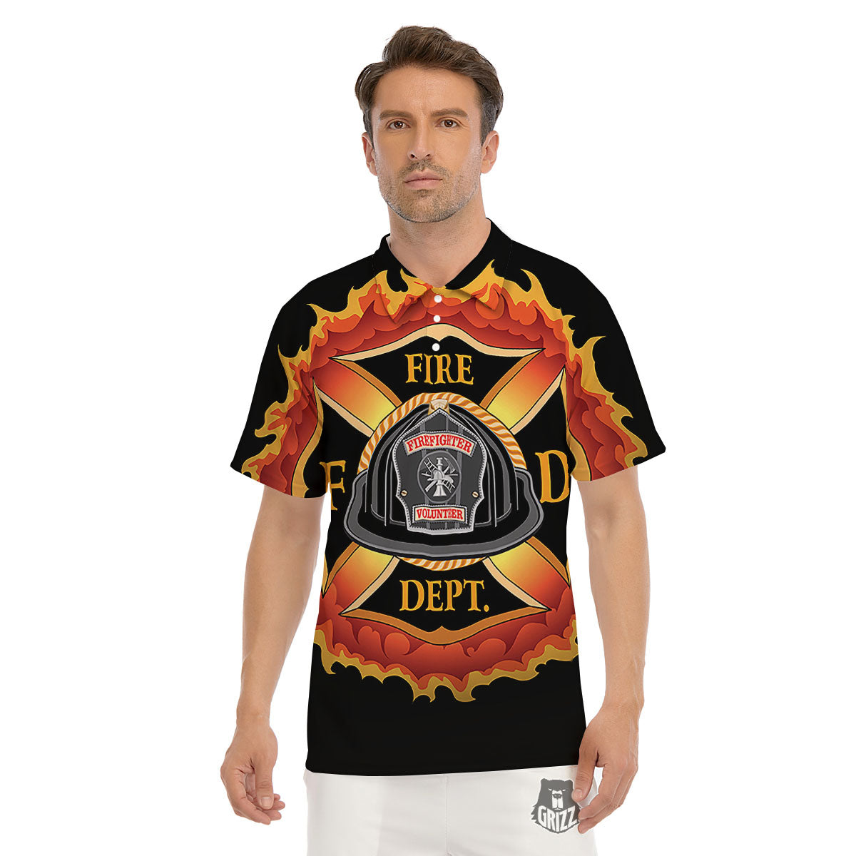 Firefighter Emblem Flaming Print Men's Golf Shirts-grizzshop