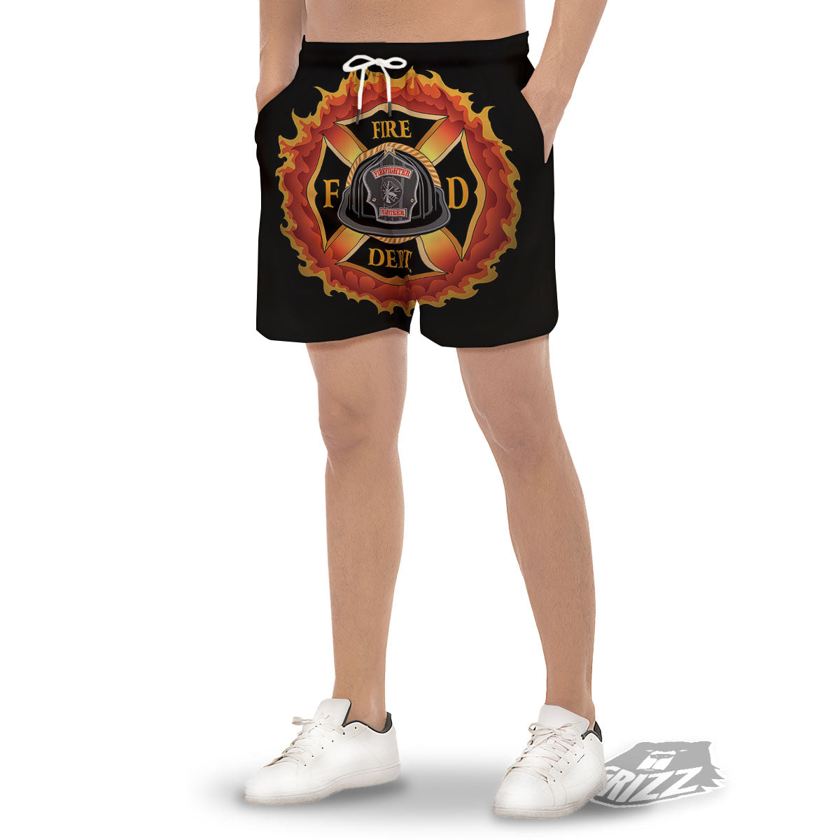 Firefighter Emblem Flaming Print Men's Gym Shorts-grizzshop