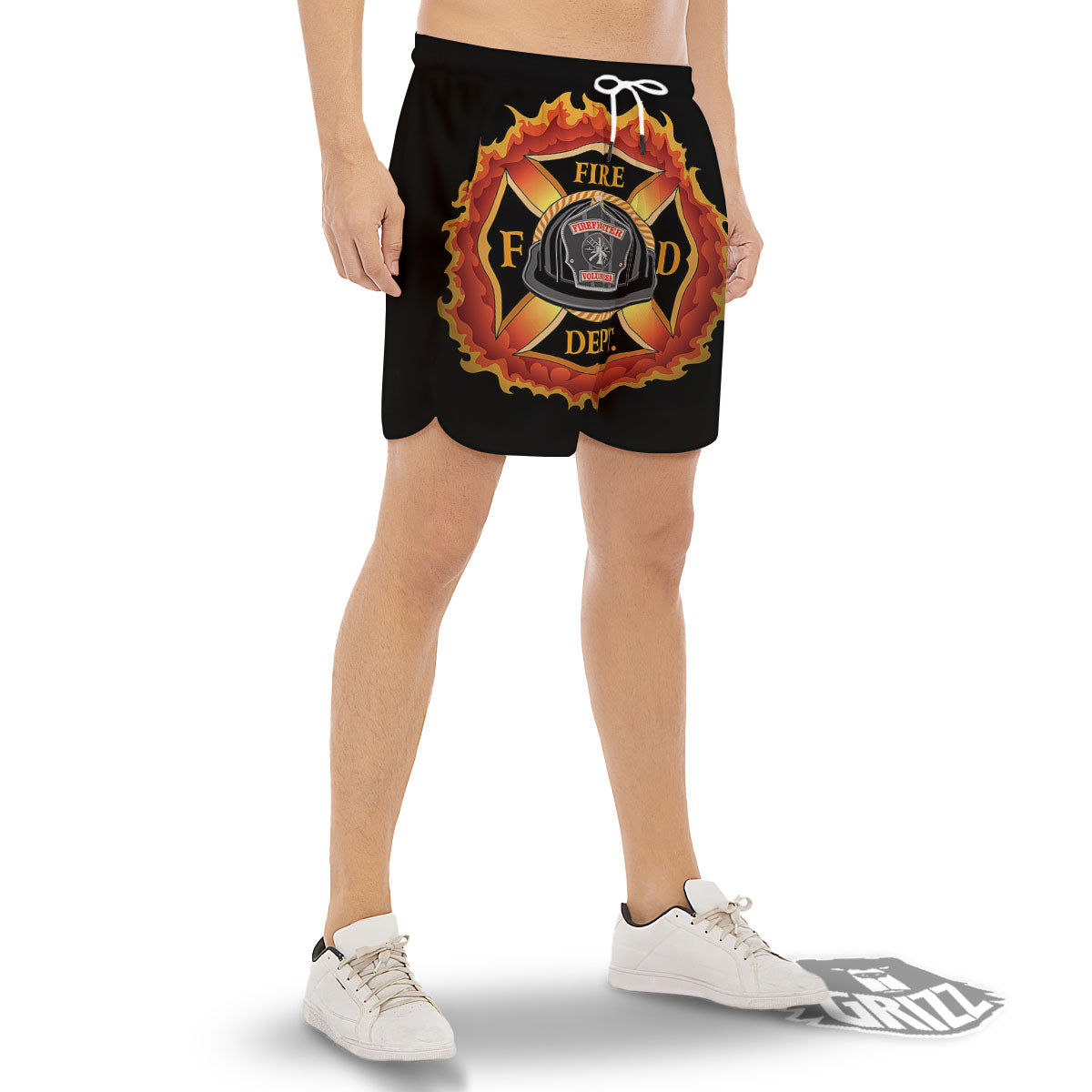 Firefighter Emblem Flaming Print Men's Gym Shorts-grizzshop