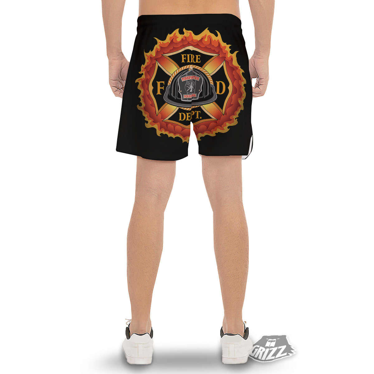 Firefighter Emblem Flaming Print Men's Gym Shorts-grizzshop
