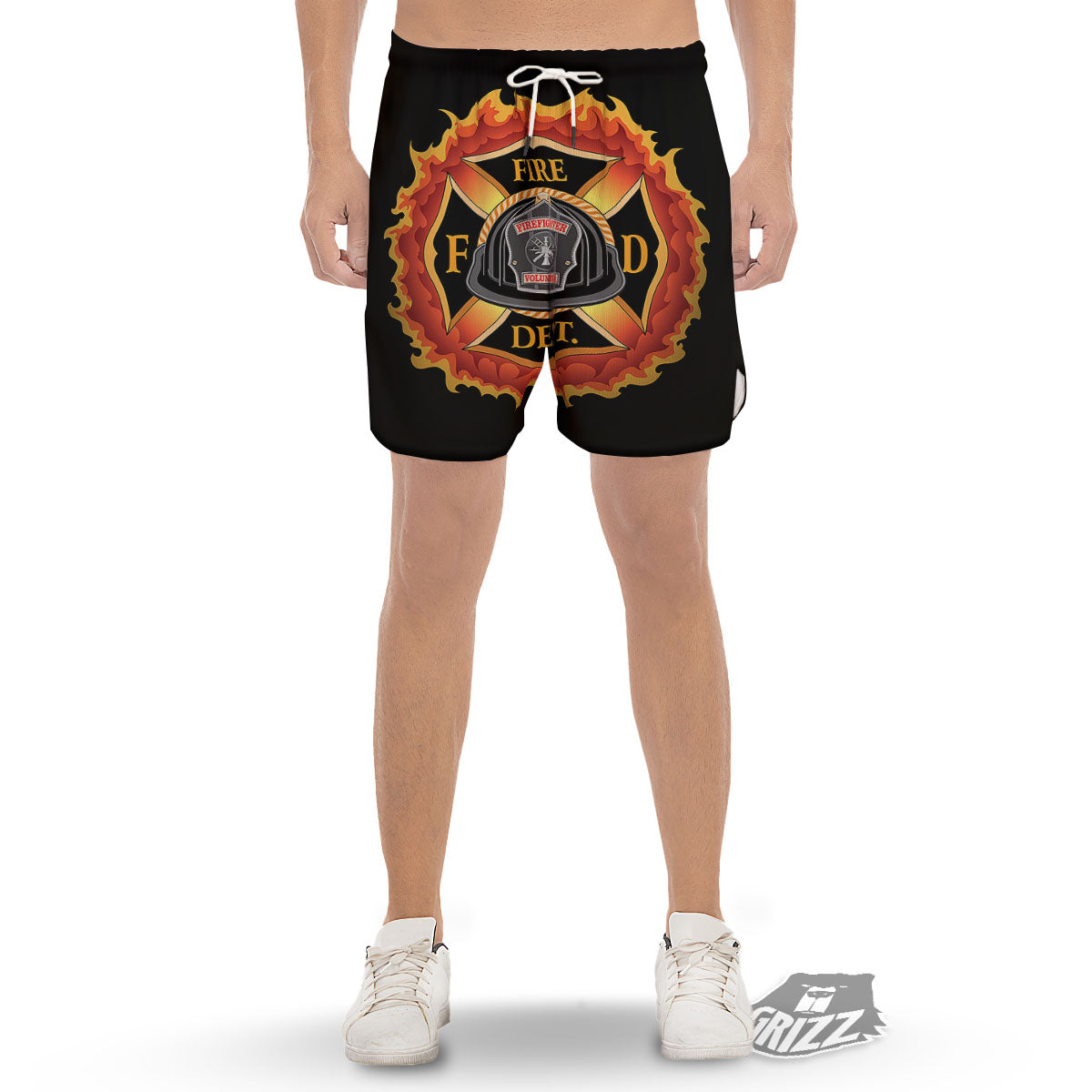 Firefighter Emblem Flaming Print Men's Gym Shorts-grizzshop