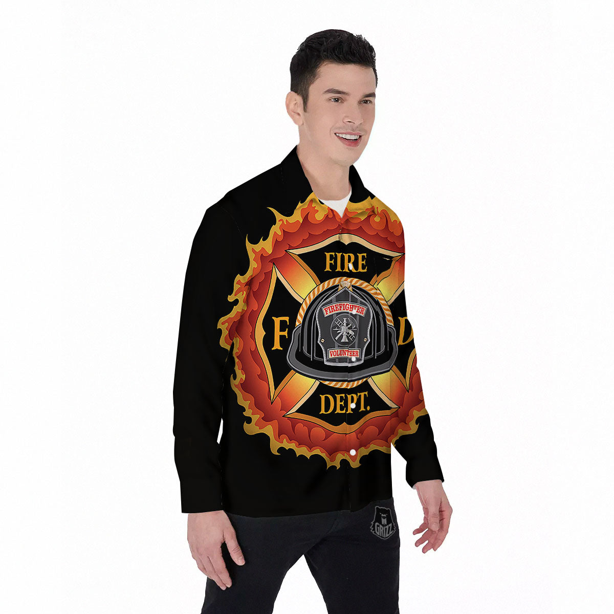 Firefighter Emblem Flaming Print Men's Long Sleeve Shirts-grizzshop