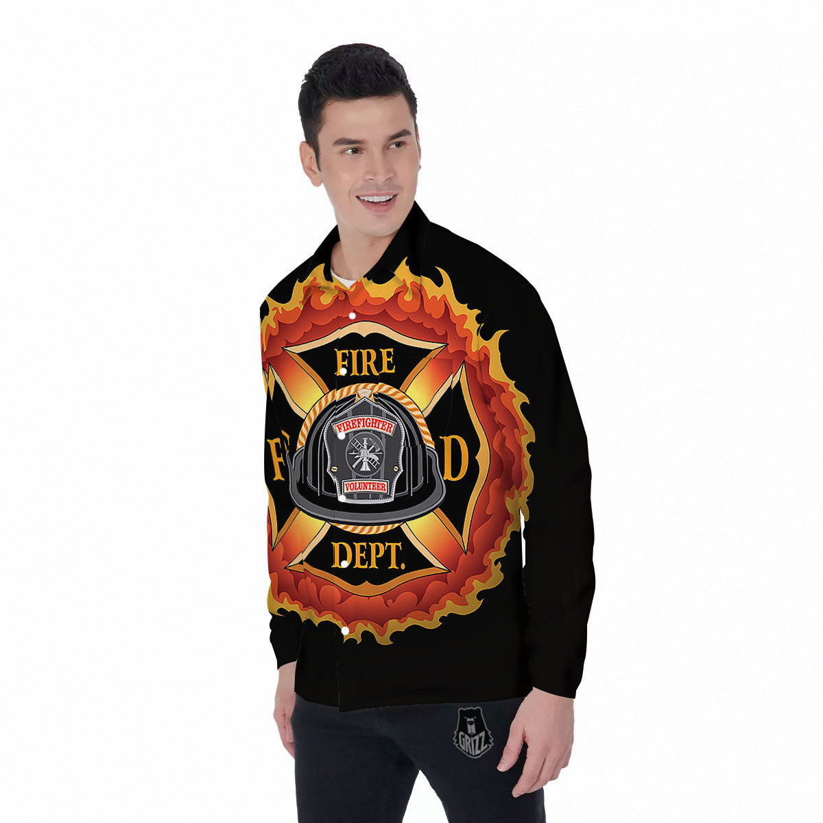 Firefighter Emblem Flaming Print Men's Long Sleeve Shirts-grizzshop
