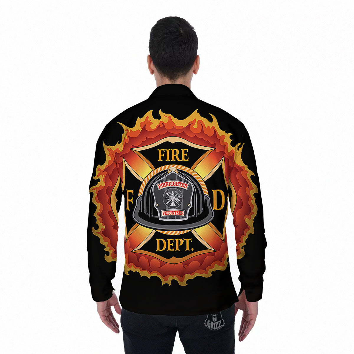 Firefighter Emblem Flaming Print Men's Long Sleeve Shirts-grizzshop