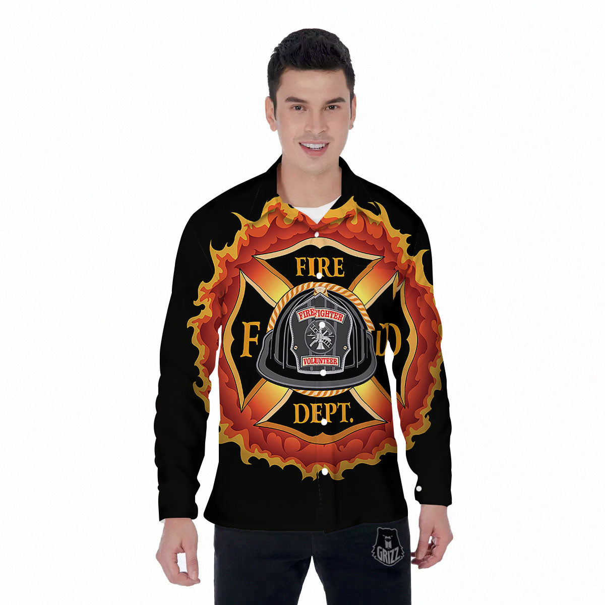 Firefighter Emblem Flaming Print Men's Long Sleeve Shirts-grizzshop