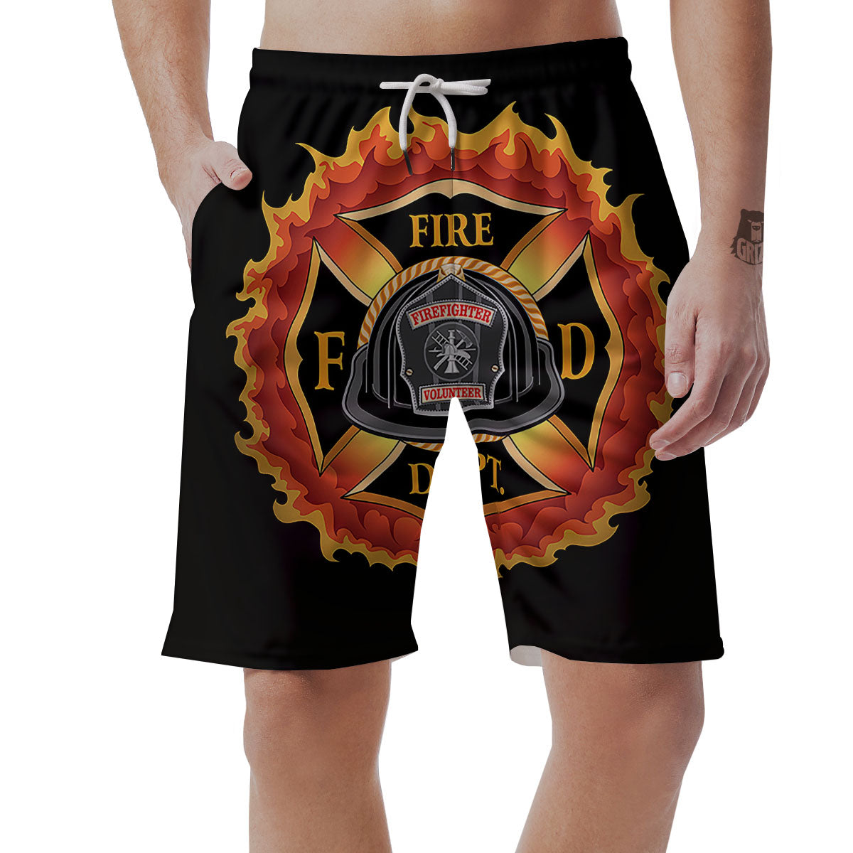 Firefighter Emblem Flaming Print Men's Shorts-grizzshop