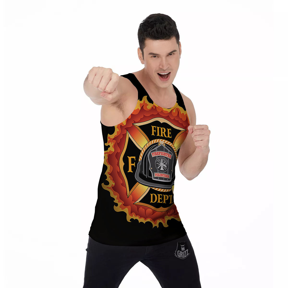 Firefighter Emblem Flaming Print Men's Tank Top-grizzshop