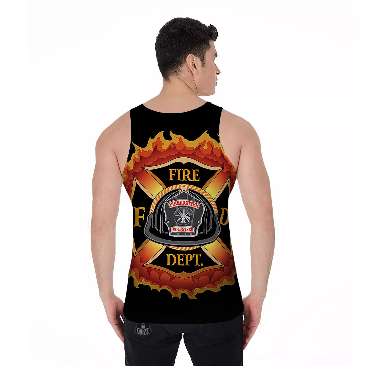 Firefighter Emblem Flaming Print Men's Tank Top-grizzshop