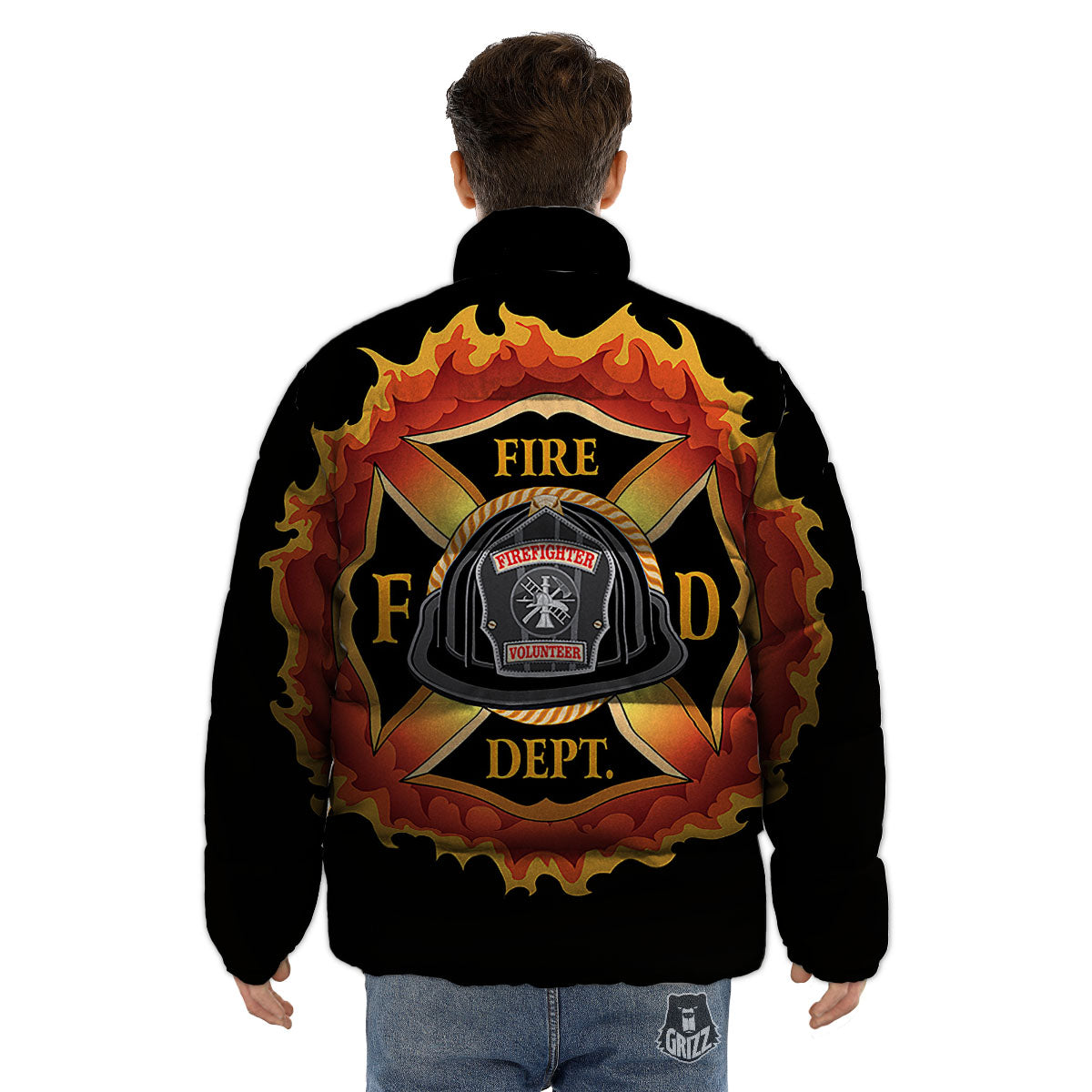 Firefighter Emblem Flaming Print Puffer Jacket-grizzshop