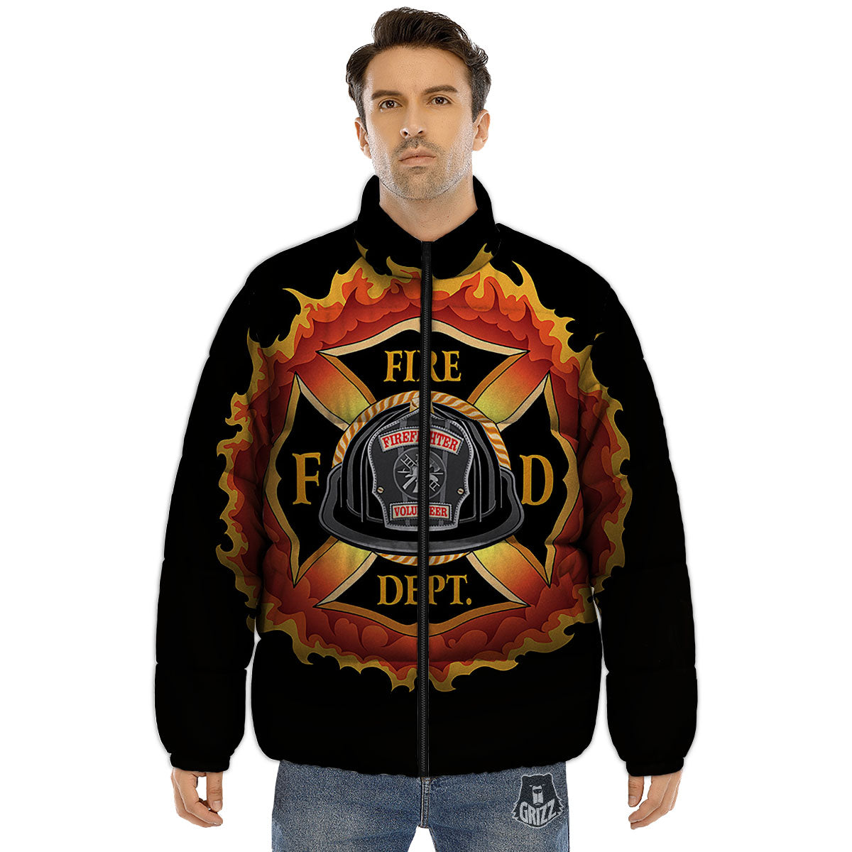 Firefighter Emblem Flaming Print Puffer Jacket-grizzshop