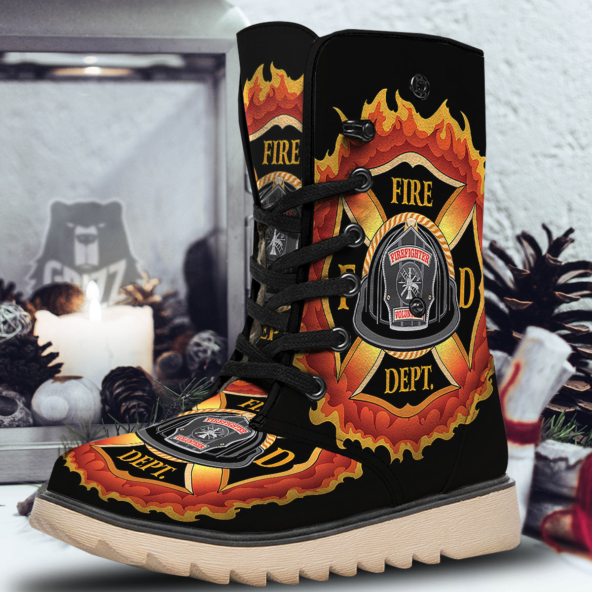 Firefighter Emblem Flaming Print Snow Boots-grizzshop
