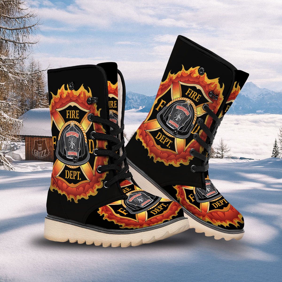 Firefighter Emblem Flaming Print Snow Boots-grizzshop