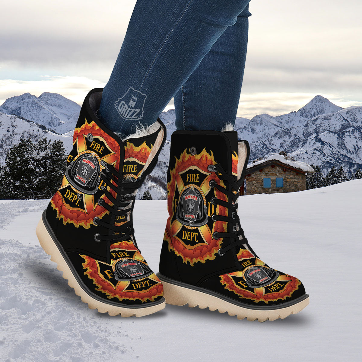 Firefighter Emblem Flaming Print Snow Boots-grizzshop