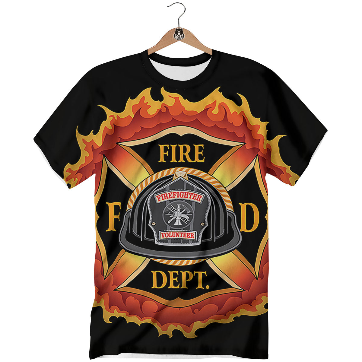 Firefighter Emblem Flaming Print T-Shirt-grizzshop