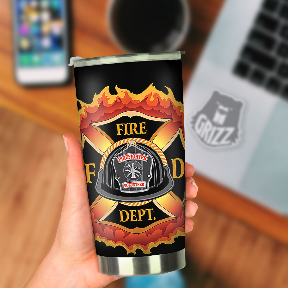 Firefighter Emblem Flaming Print Tumbler-grizzshop