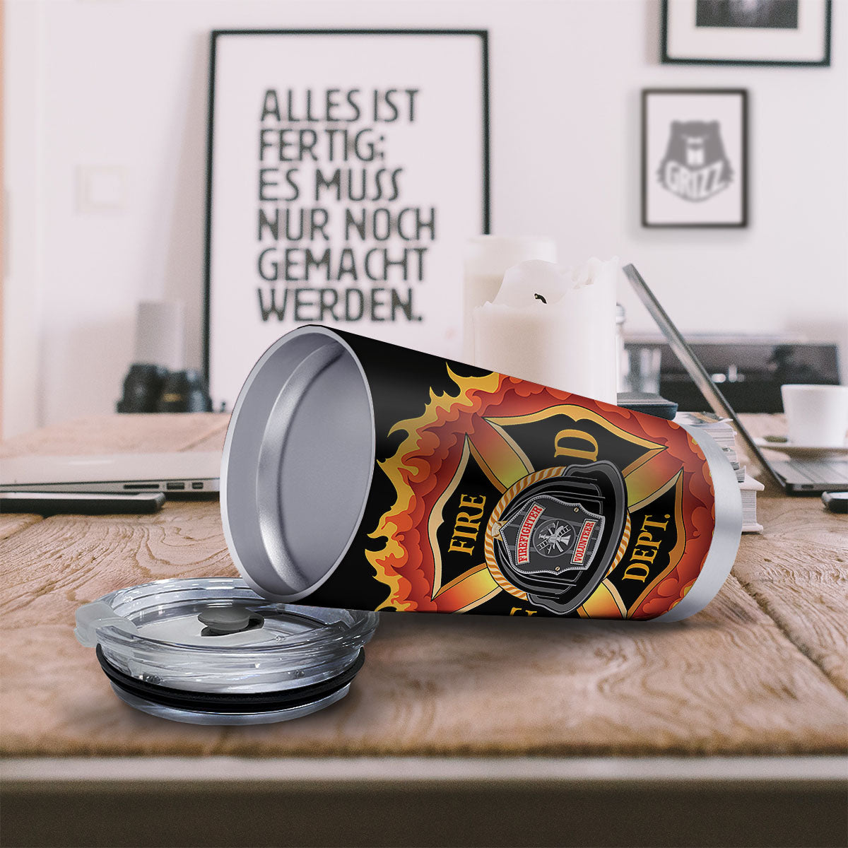Firefighter Emblem Flaming Print Tumbler-grizzshop