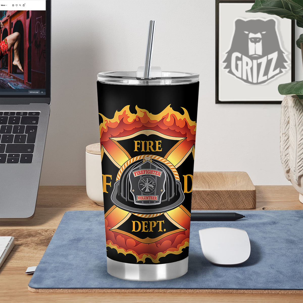 Firefighter Emblem Flaming Print Tumbler-grizzshop
