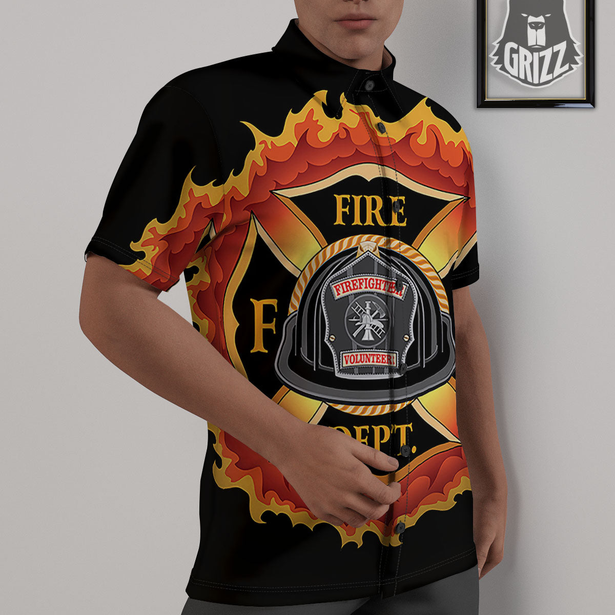 Firefighter Emblem Flaming Print Untucked Shirts-grizzshop