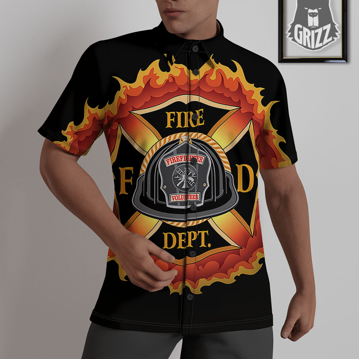 Firefighter Emblem Flaming Print Untucked Shirts-grizzshop