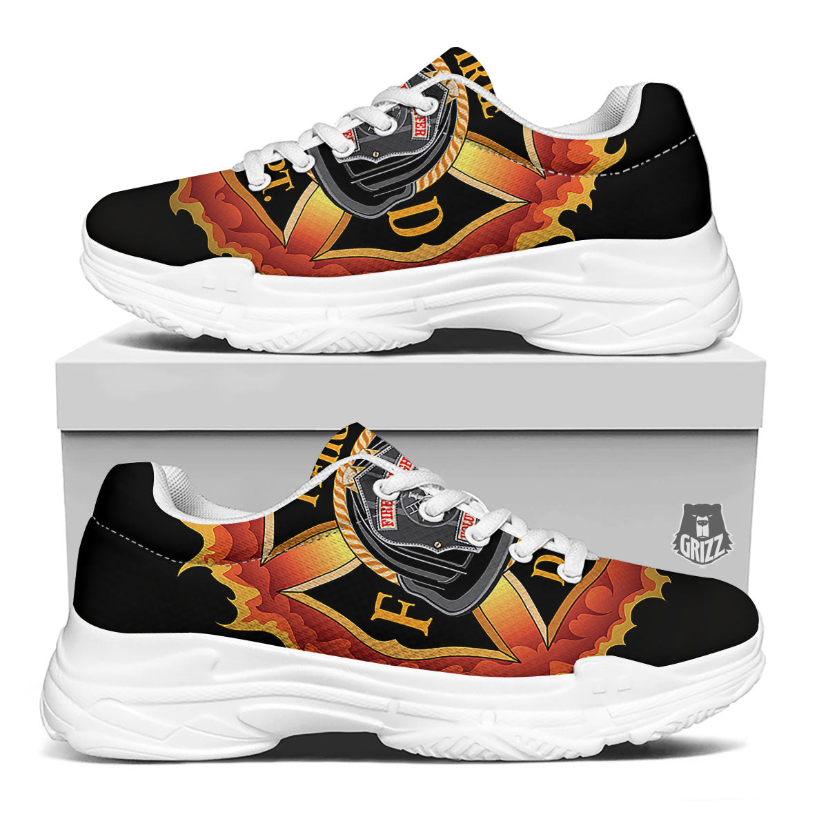 Firefighter Emblem Flaming Print White Chunky Shoes-grizzshop