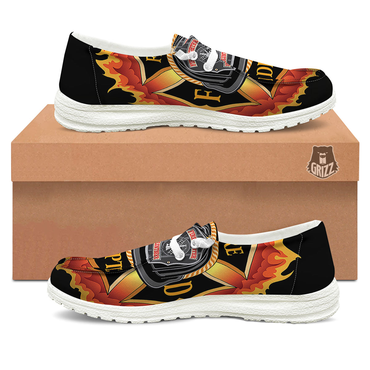 Firefighter Emblem Flaming Print White Loafers-grizzshop