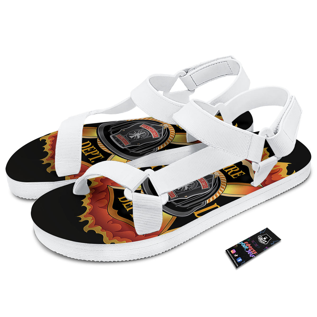 Firefighter Emblem Flaming Print White Open Toe Sandals-grizzshop