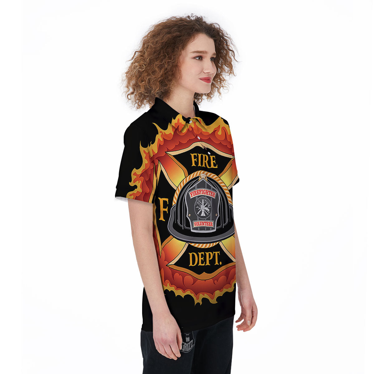 Firefighter Emblem Flaming Print Women's Golf Shirts-grizzshop