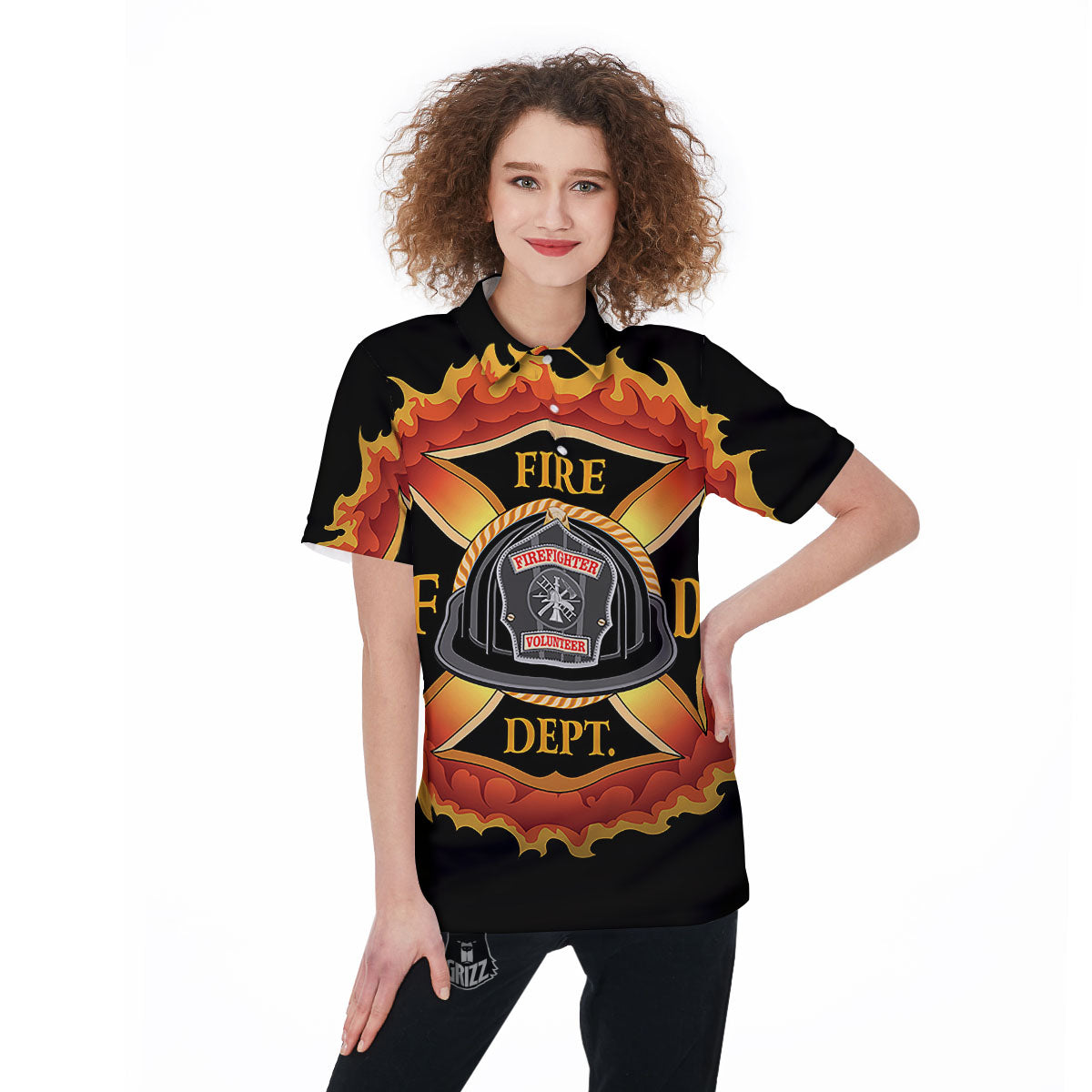 Firefighter Emblem Flaming Print Women's Golf Shirts-grizzshop