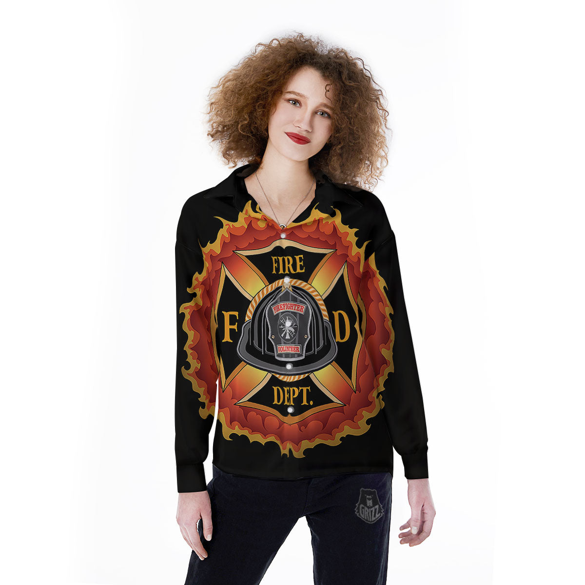 Firefighter Emblem Flaming Print Women's Long Sleeve Shirts-grizzshop